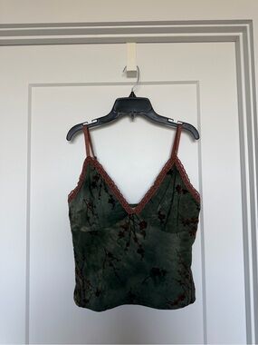 Full Tilt Green Floral Lace-Trim Cami with Brown Accents